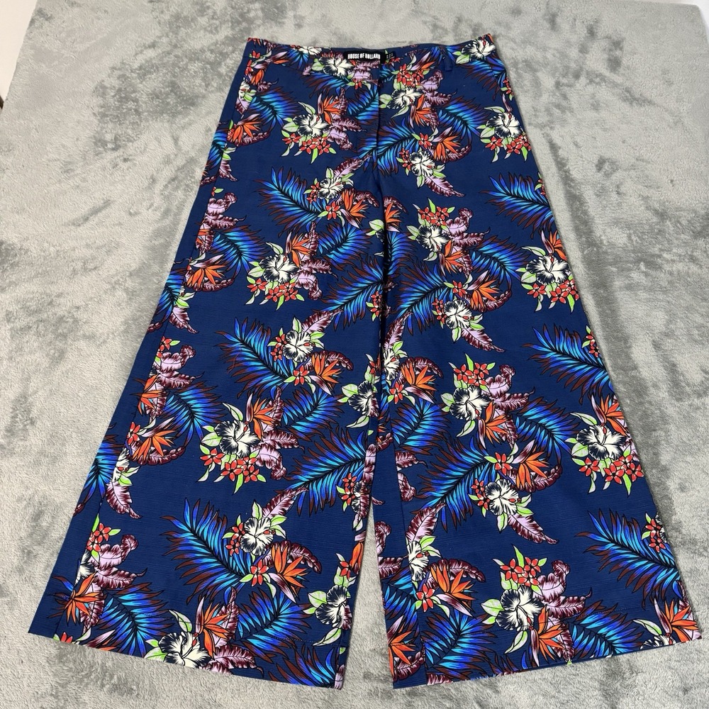 House of Holland Wide‎ Leg Floral Ankle Pants Gardening UK8 US 4 Blue